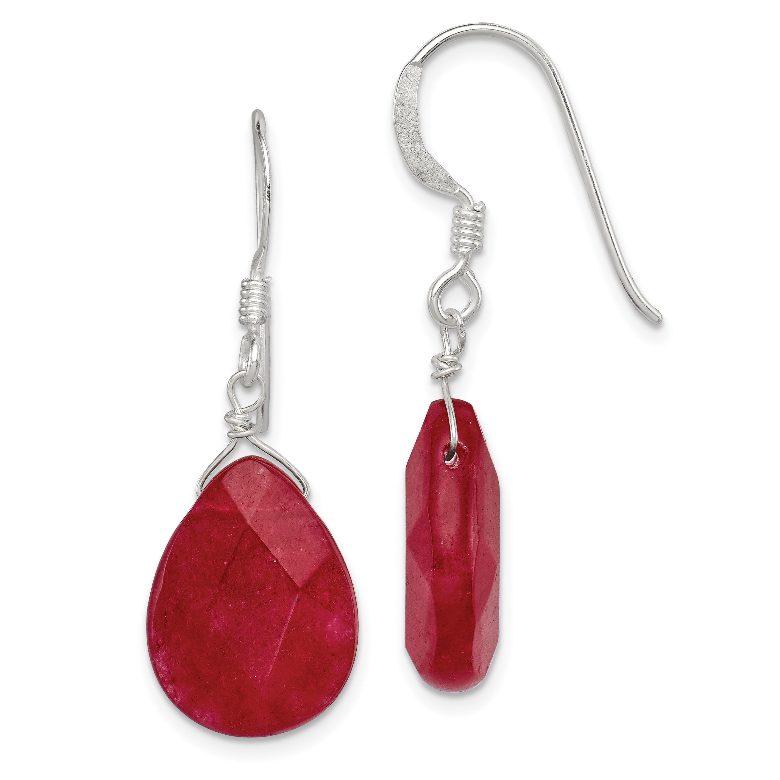 Sterling Silver Polished Faceted Red Jade Teardrop Dangle Earrings (QE6209)