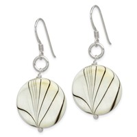 Sterling Silver Polished Zebra Mother of Pearl Disc Dangle Earrings view 2