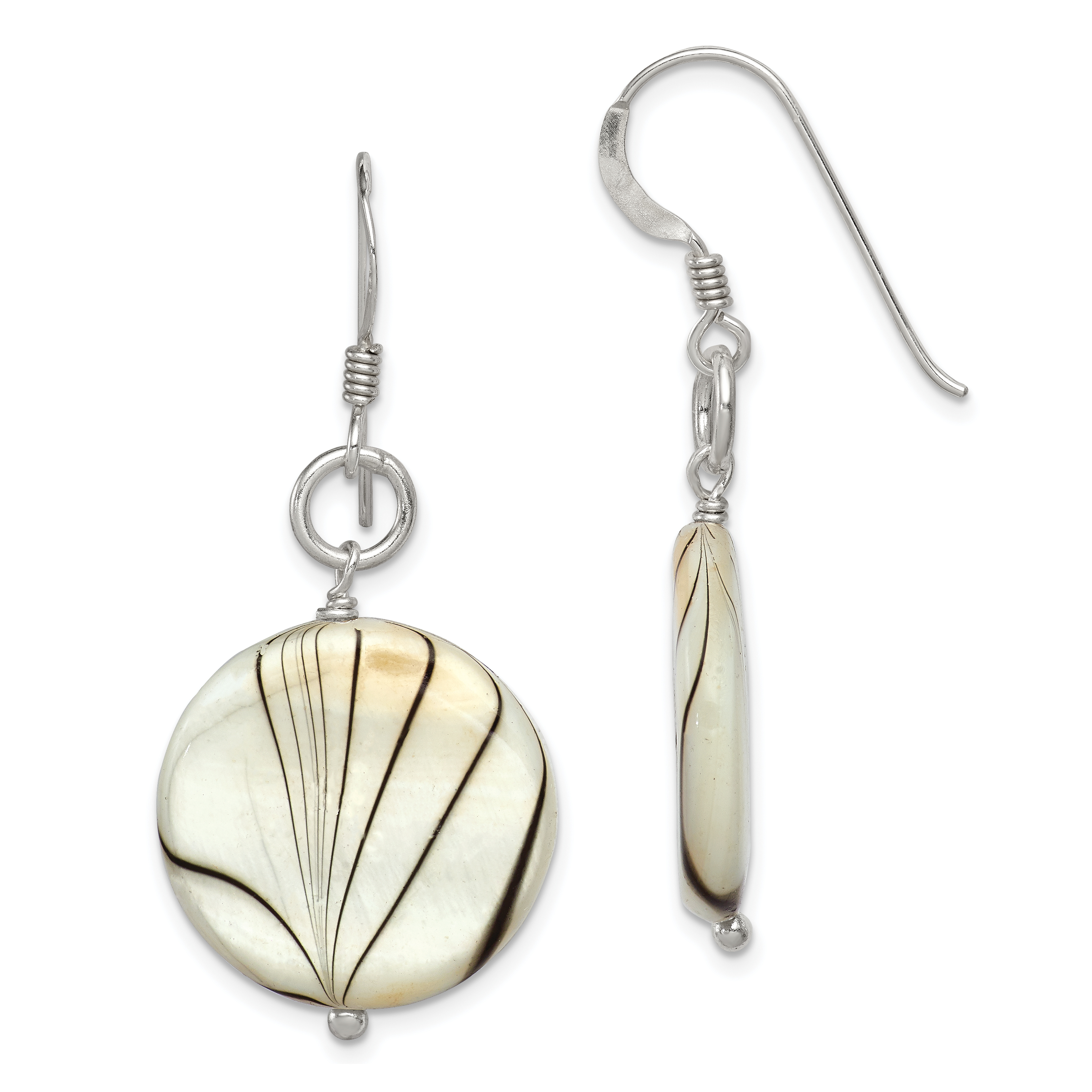 Sterling Silver Polished Zebra Mother of Pearl Disc Dangle Earrings (QE6211)