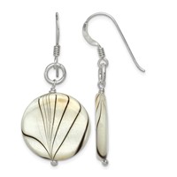 Sterling Silver Polished Zebra Mother of Pearl Disc Dangle Earrings view 1