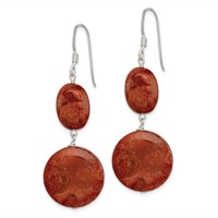 Sterling Silver Polished Round & Oval Recon. Red Coral Dangle Earrings view 2