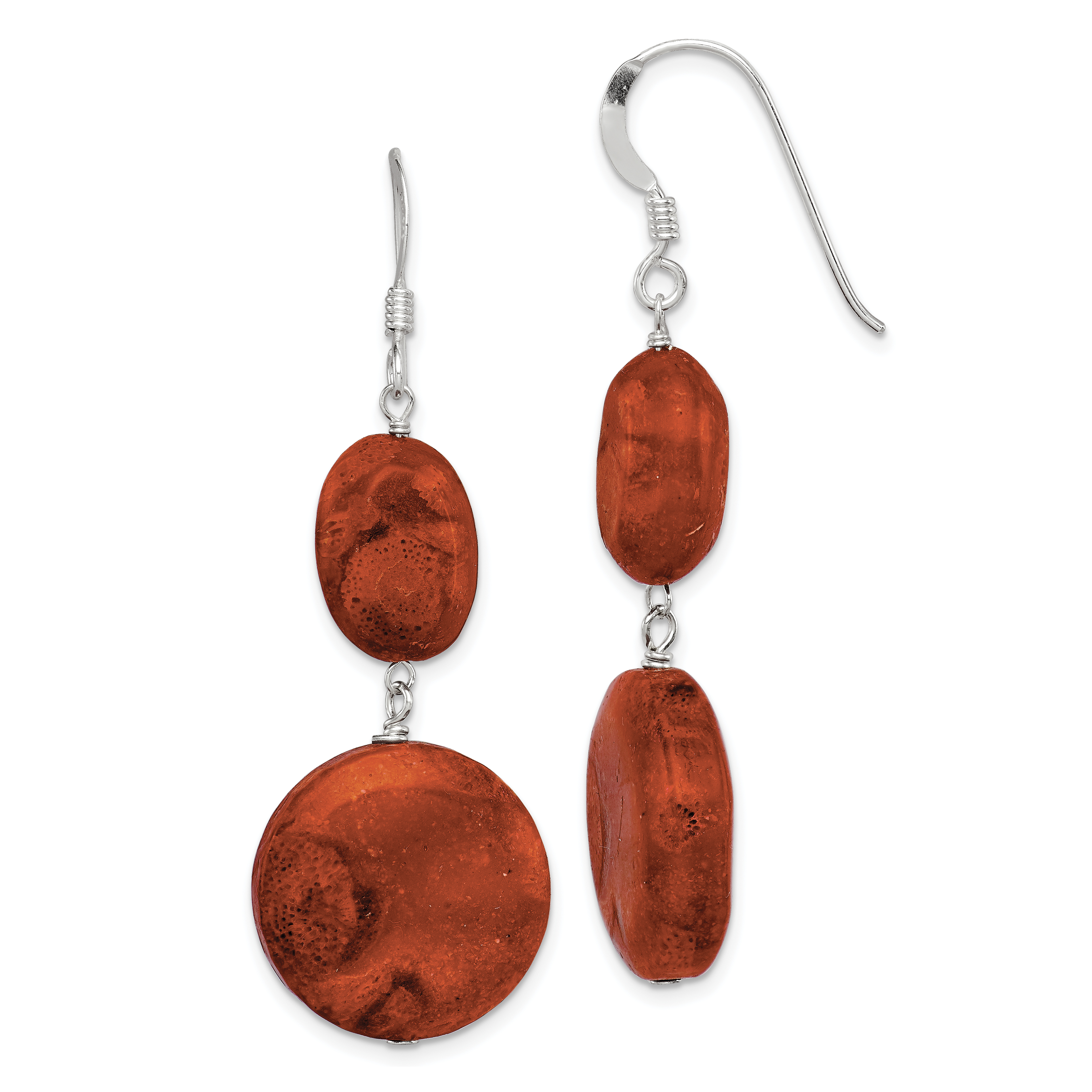 Sterling Silver Polished Round & Oval Recon. Red Coral Dangle Earrings (QE6212)