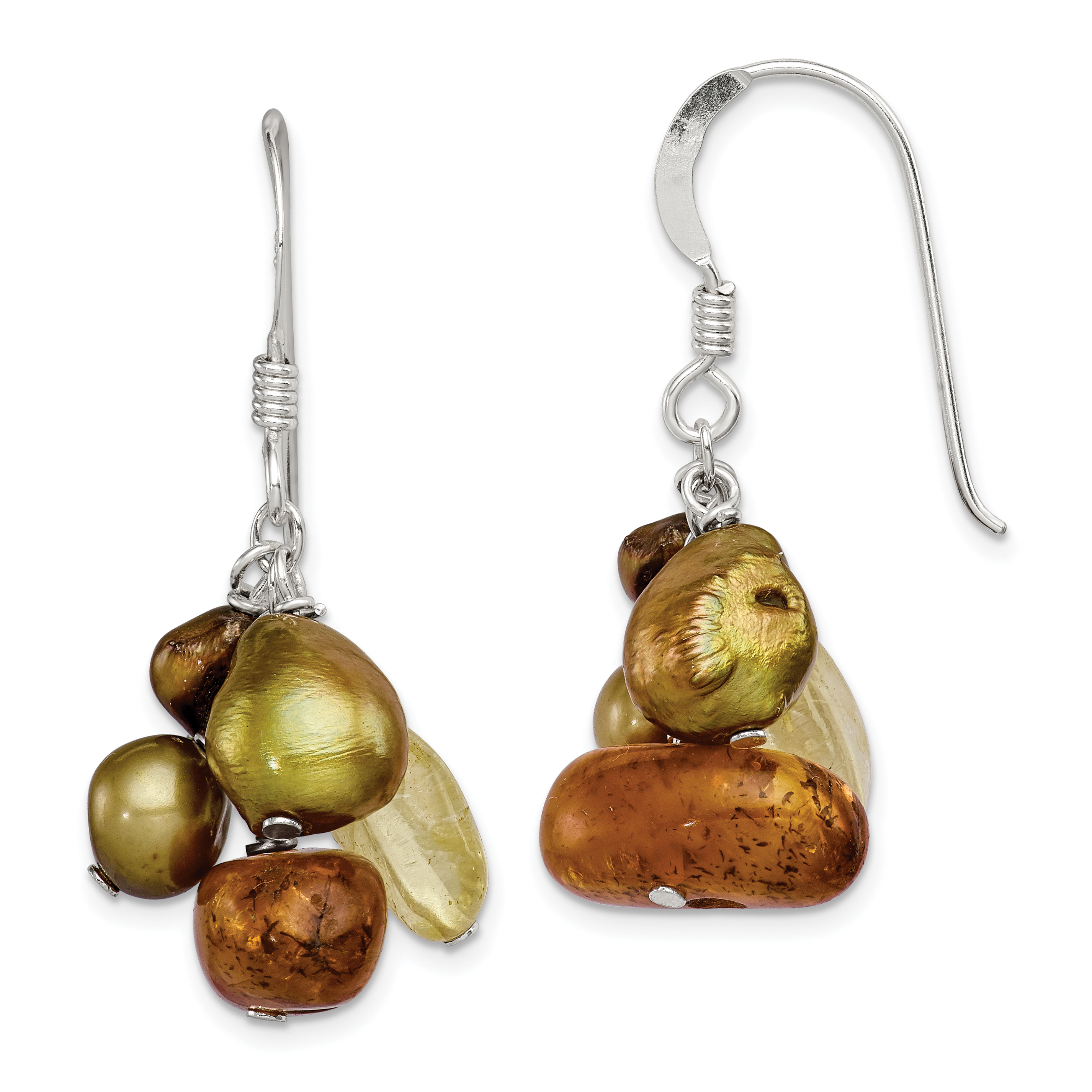 Sterling Silver Polished Amber, Citrine & FW Cultured Pearl Dangle Earrings (QE6216)