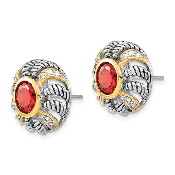 Sterling Silver Gold-plated Polished & Antiqued Red & Clear CZ Circle Post Earrings
