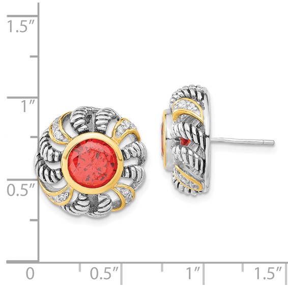 Sterling Silver Gold-plated Polished & Antiqued Red & Clear CZ Circle Post Earrings