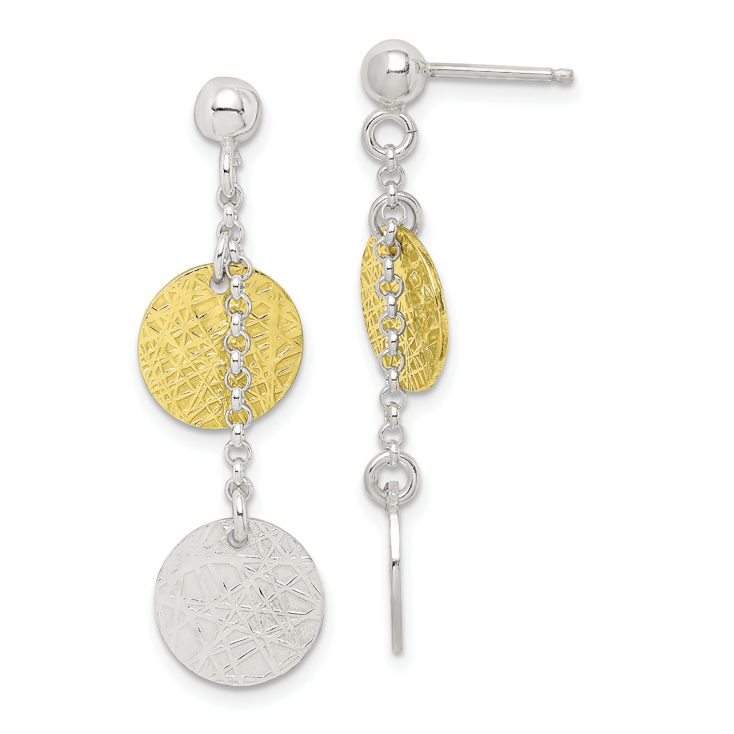 Sterling Silver w/ Yellow Vermeil Polished & Textured Circle Dangle Earring (QE6310)