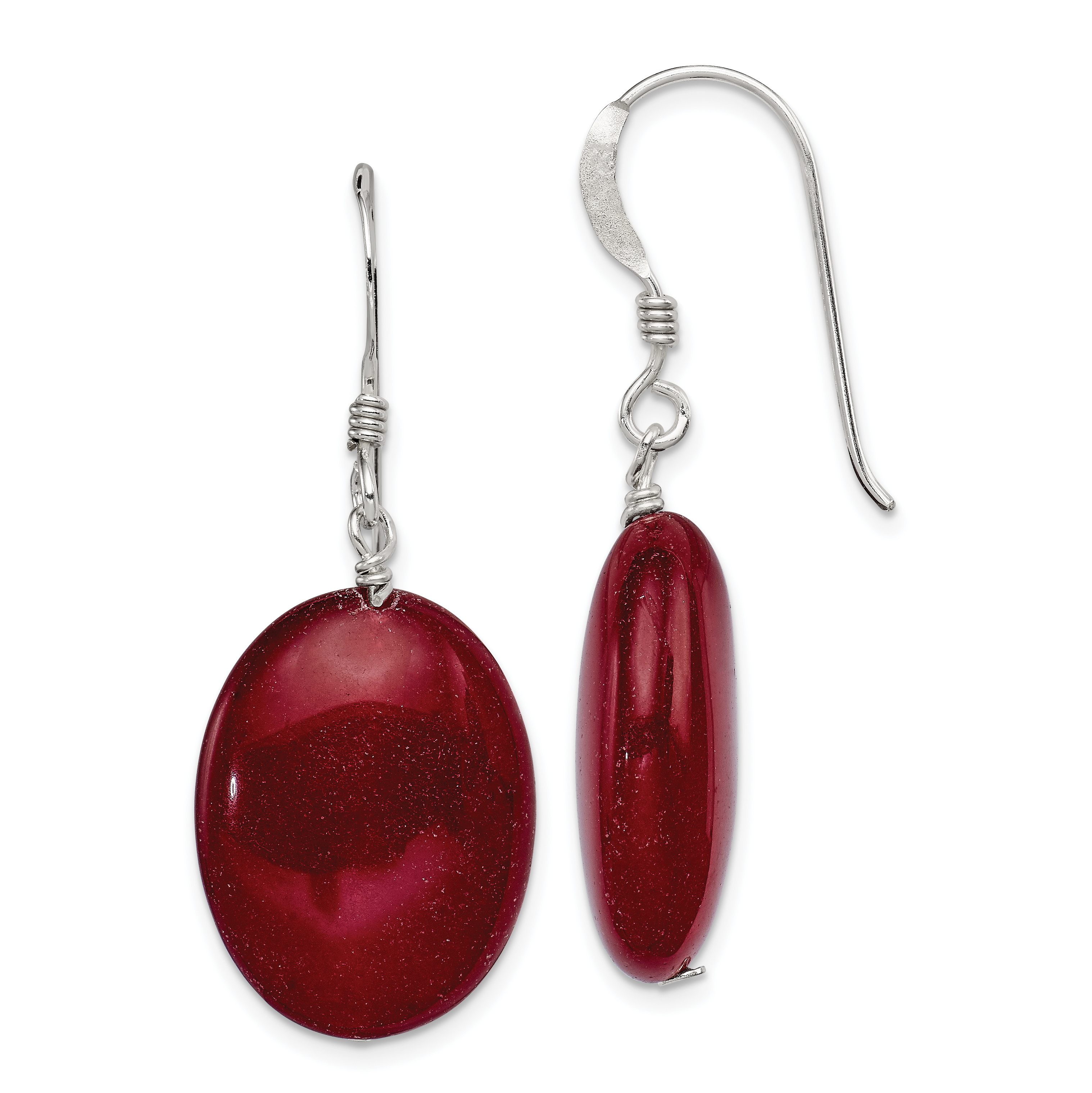 Sterling Silver Polished Red Jade Oval Dangle Earrings (QE6321)