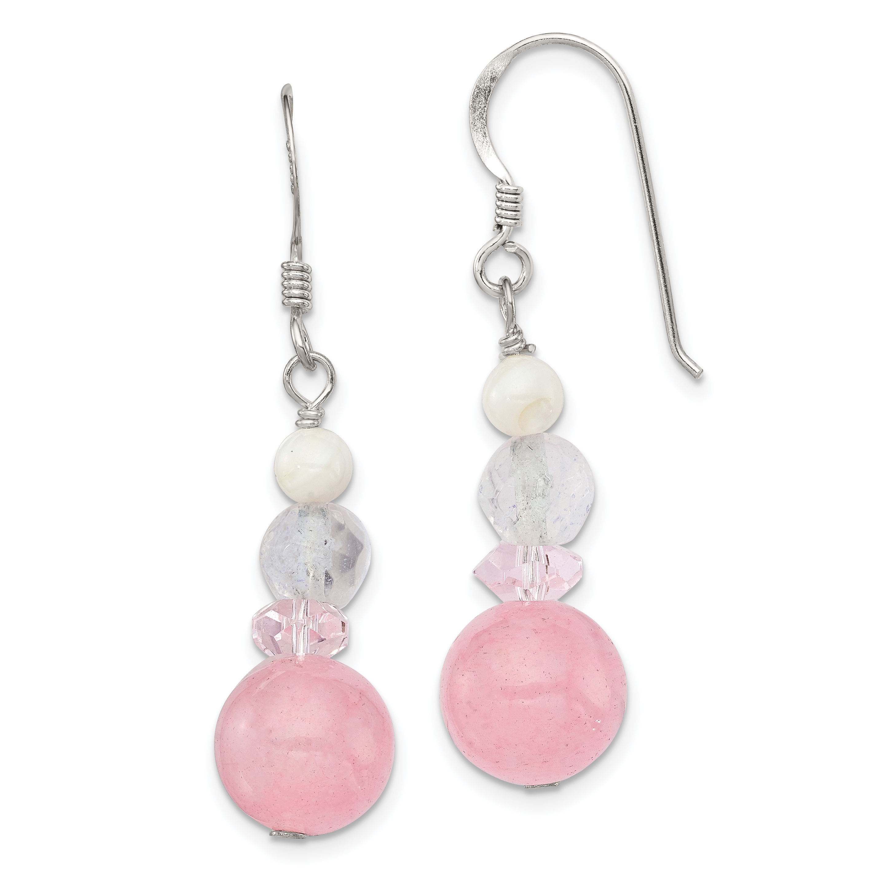 Sterling Silver Polished Pink Crystal, Jade & Mother of Pearl Dangle Earrin (QE6326)
