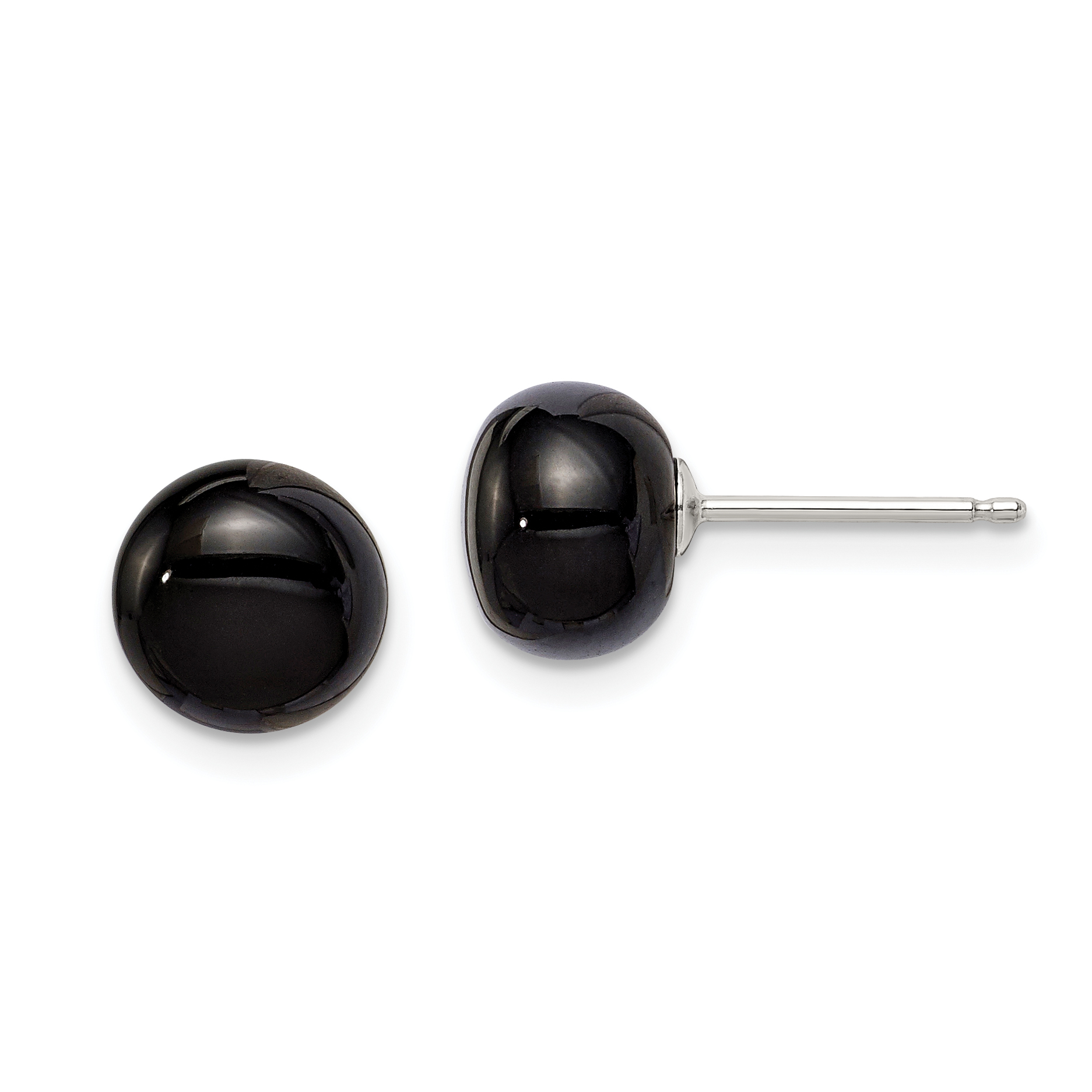 Sterling Silver Rhod-pltd 8-8.5mm Black Agate Button Post Earrings (QE6349)