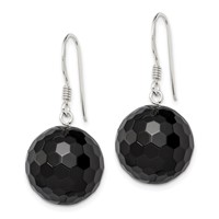 Sterling Silver Polished 17mm Faceted Onyx Bead Dangle Earrings view 2