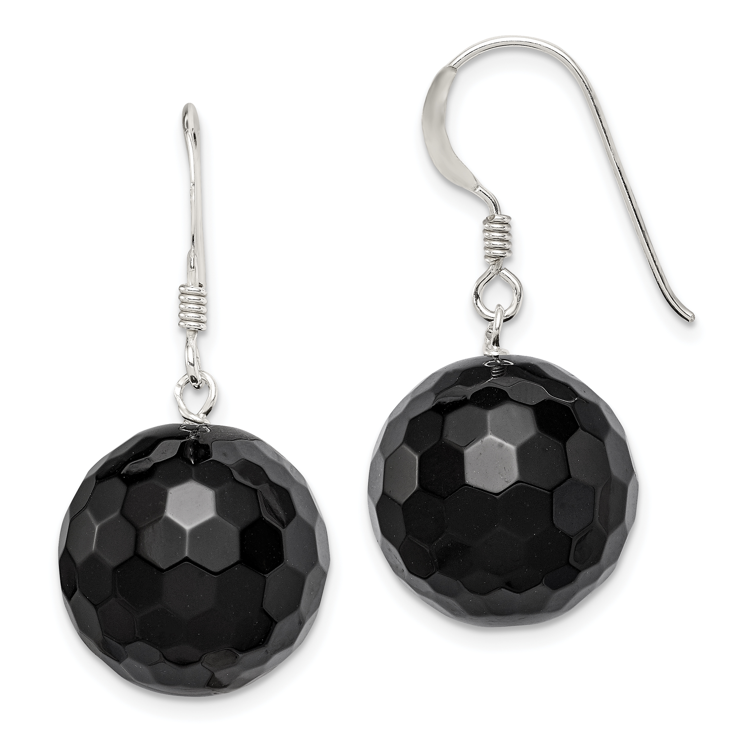 Sterling Silver Polished 17mm Faceted Onyx Bead Dangle Earrings (QE6362)