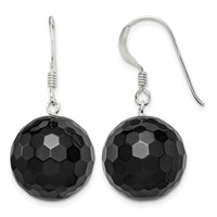 Sterling Silver Polished 17mm Faceted Onyx Bead Dangle Earrings view 1