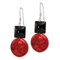 Sterling Silver Polished Black Agate & Recon. Red Coral Dangle Earrings view 2