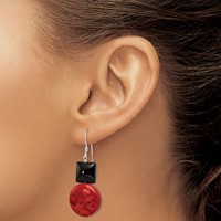 Sterling Silver Polished Black Agate & Recon. Red Coral Dangle Earrings view 3