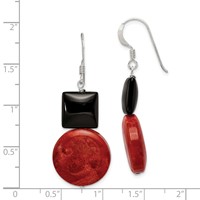 Sterling Silver Polished Black Agate & Recon. Red Coral Dangle Earrings view 4