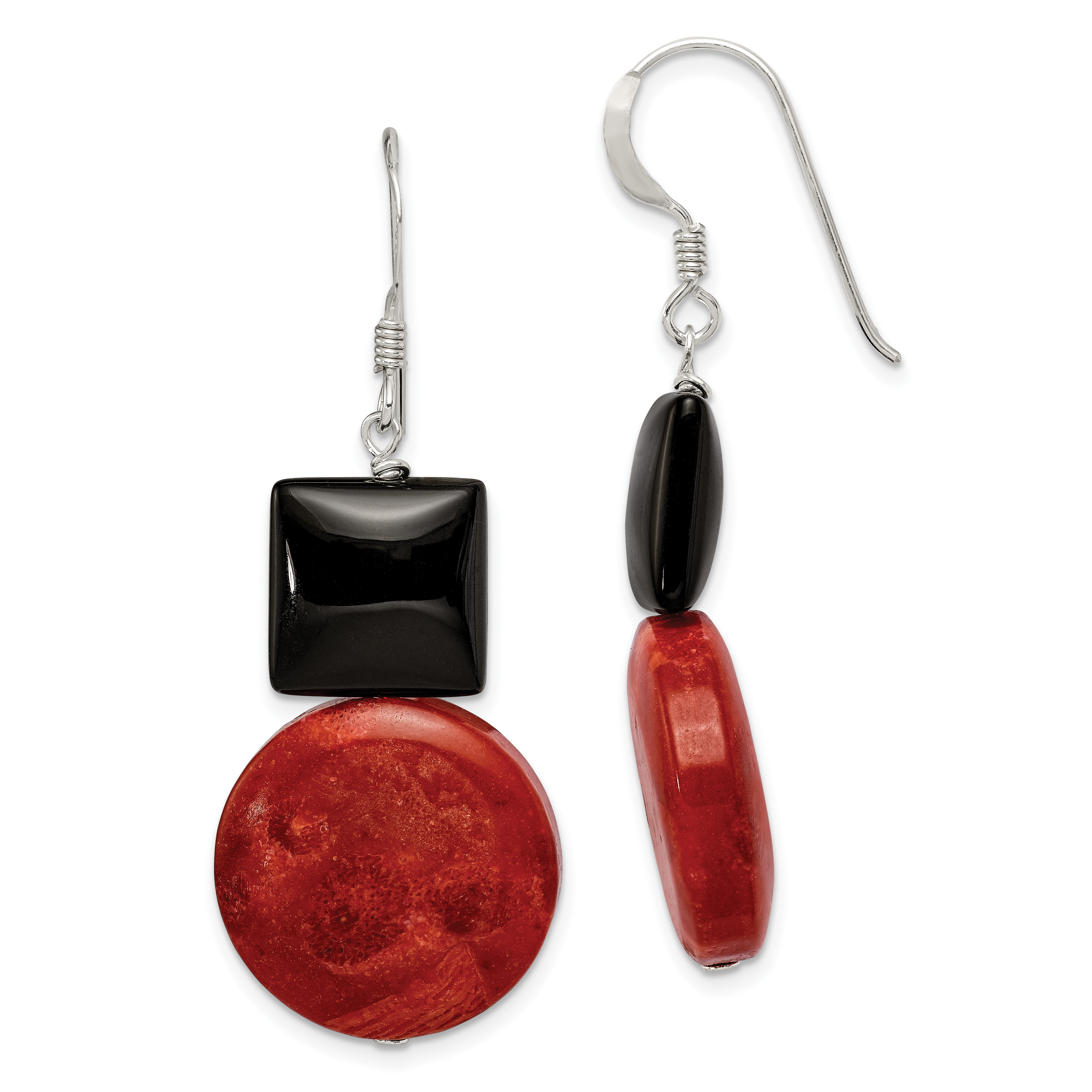 Sterling Silver Polished Black Agate & Recon. Red Coral Dangle Earrings (QE6371)