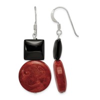 Sterling Silver Polished Black Agate & Recon. Red Coral Dangle Earrings view 1