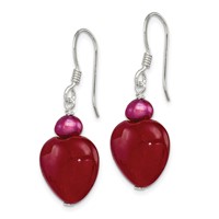 Sterling Silver Polished Red Freshwater Cultured Pearl and Red Jade Heart Dangle French Hook Earrings view 2