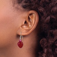 Sterling Silver Polished Red Freshwater Cultured Pearl and Red Jade Heart Dangle French Hook Earrings view 3
