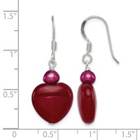 Sterling Silver Polished Red Freshwater Cultured Pearl and Red Jade Heart Dangle French Hook Earrings view 4