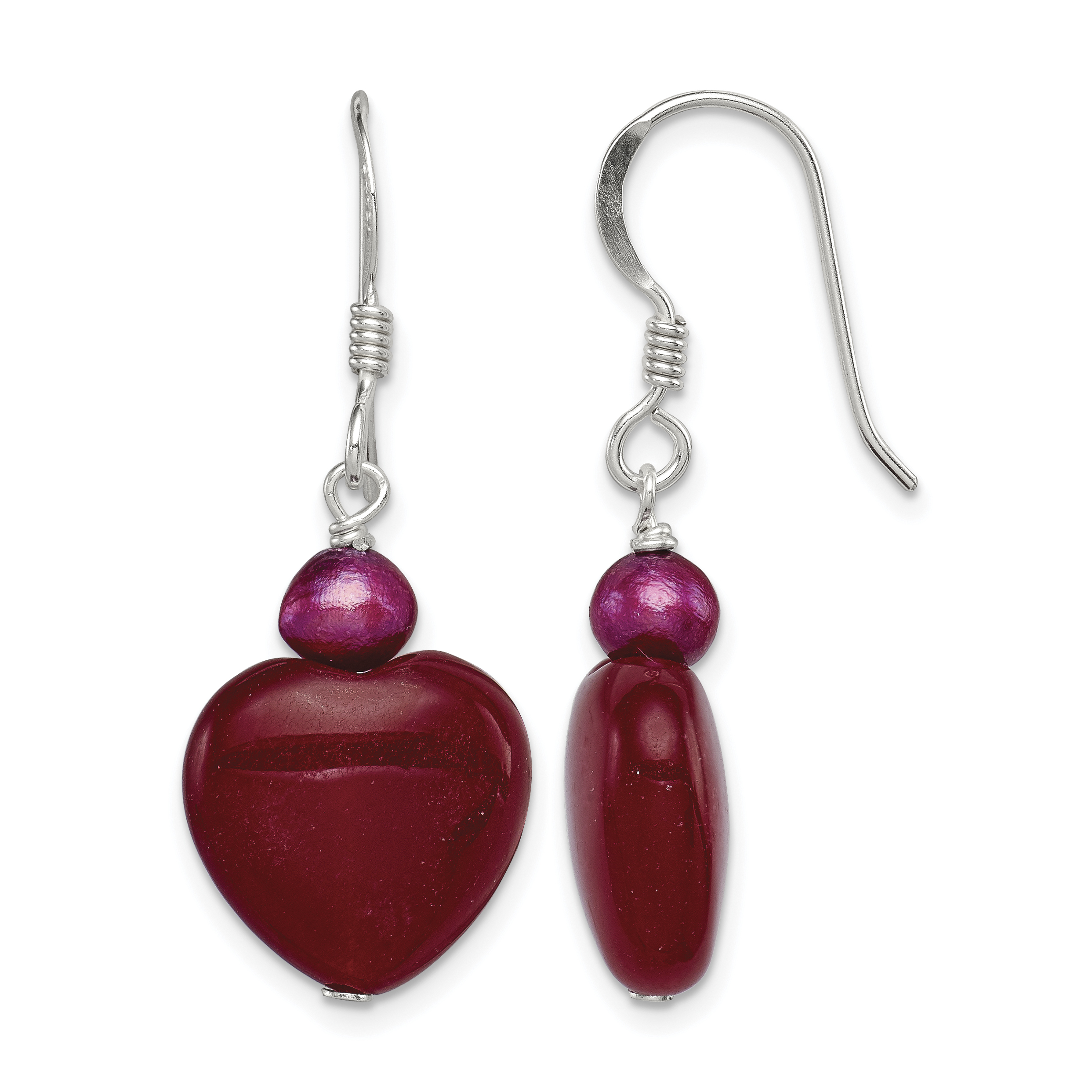 Sterling Silver Polished Red FWC Pearl & Red Jade Heart Dangle Earrings (QE6380)