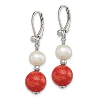 Sterling Silver Rhod-pltd Fwc Pearl Recons. Red Coral Dangle Earrings view 2