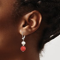 Sterling Silver Rhod-pltd Fwc Pearl Recons. Red Coral Dangle Earrings view 3