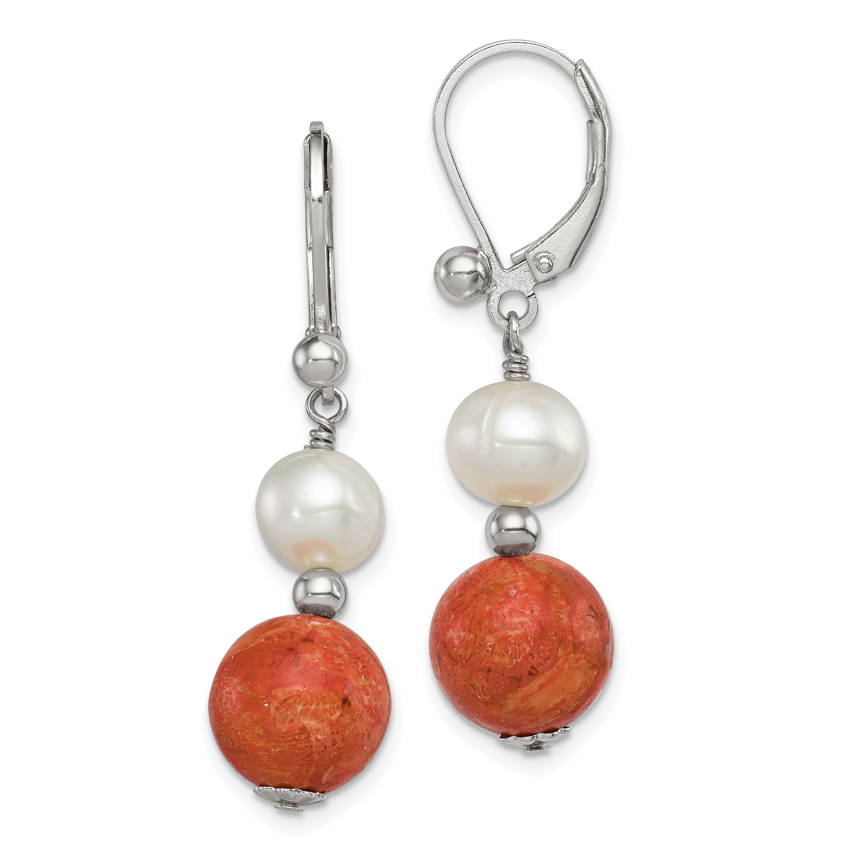 Sterling Silver Rhod-pltd FWC Pearl/Recons. Red Coral Dangle Earrings (QE6382)