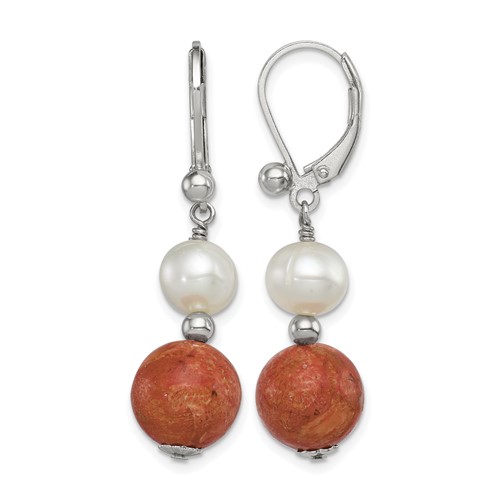 Sterling Silver Rhod-pltd Fwc Pearl Recons. Red Coral Dangle Earrings