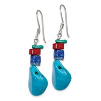 Sterling Silver Red Coral Howlite Lapis Turquoise Dangle French Hook Earrings view 2