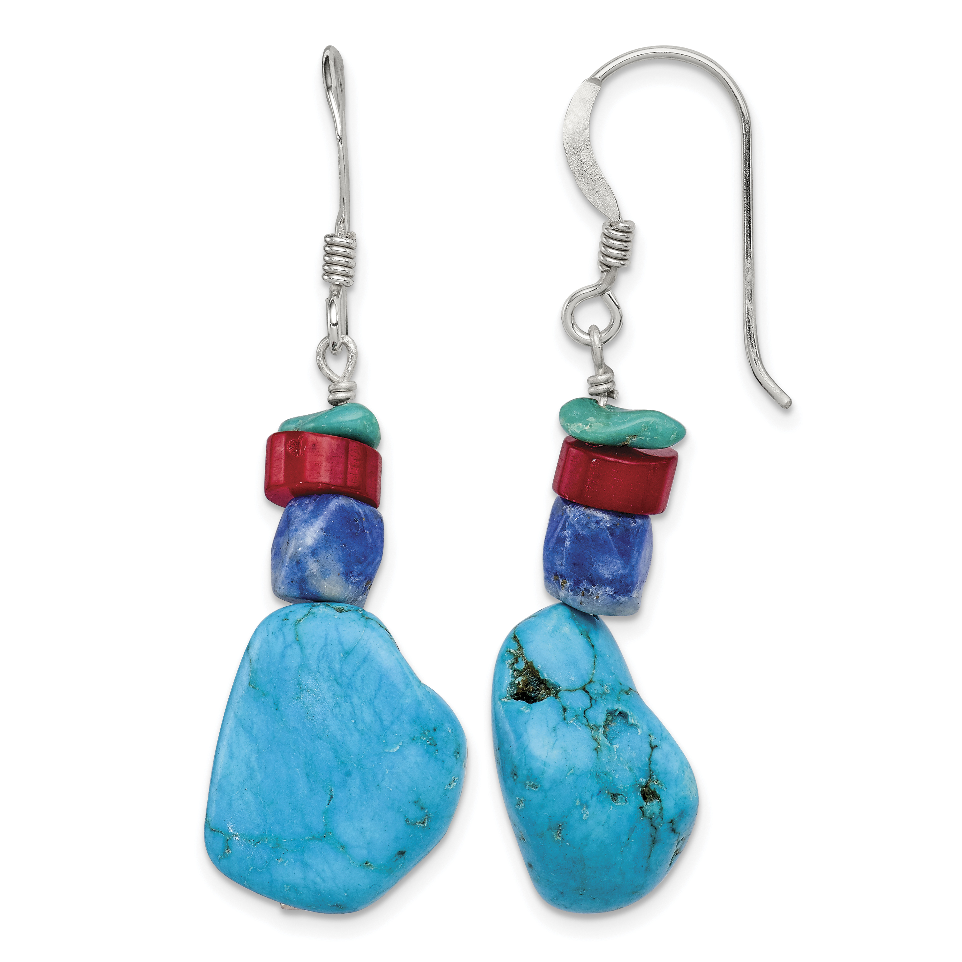 Sterling Silver Red Coral/Howlite/Lapis/Turquoise Dangle Earrings (QE6386)