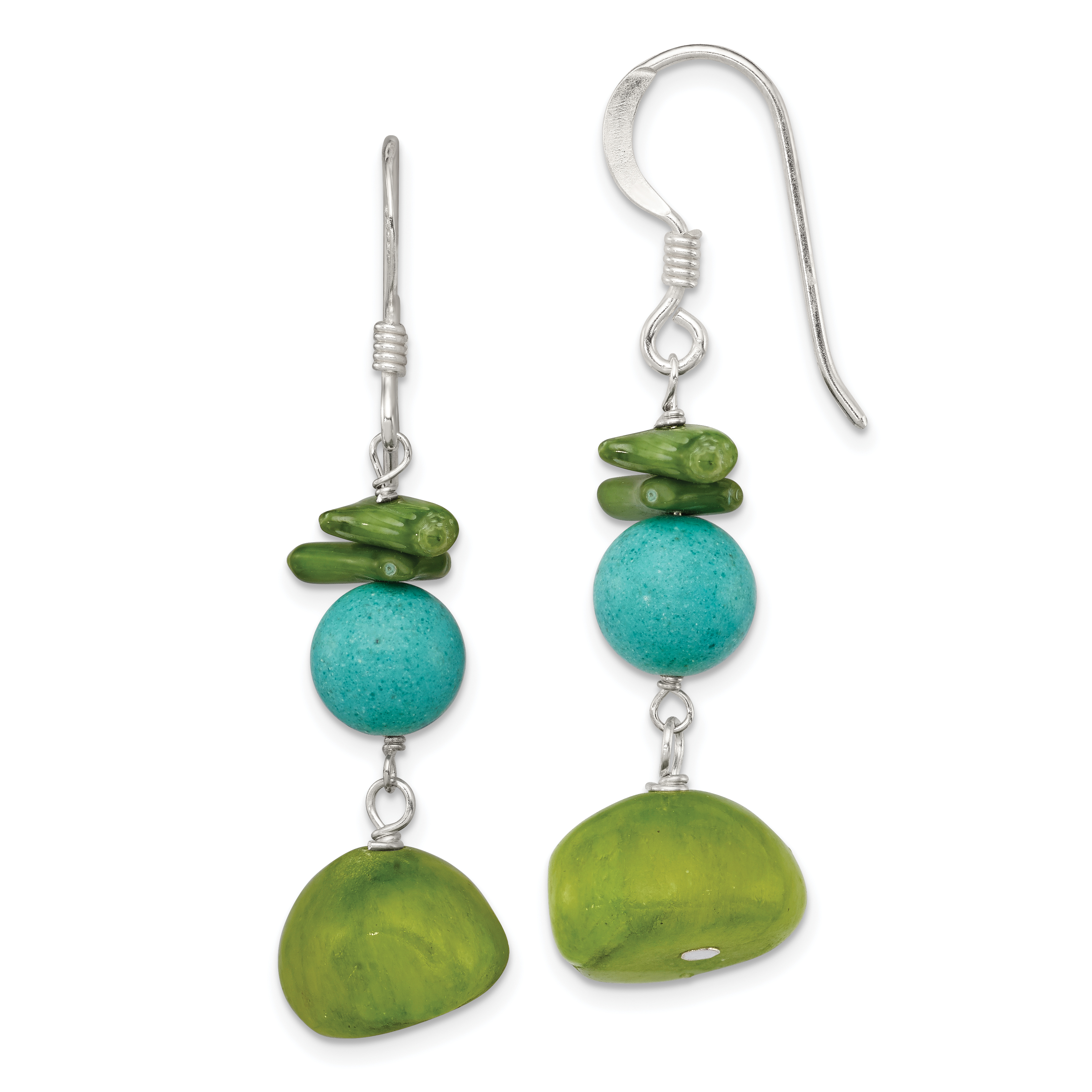 Sterling Silver Jade/Green Coral/Blue Dyed Howlite Dangle Earrings (QE6415)