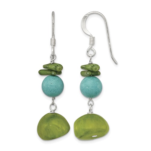 Sterling Silver Jade Green Coral Blue Dyed Howlite Dangle Earrings