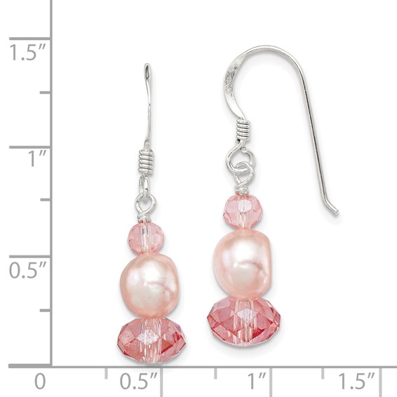 Sterling Silver Polished Peach Crystal & Pink FWC Pearl Dangle Earrings