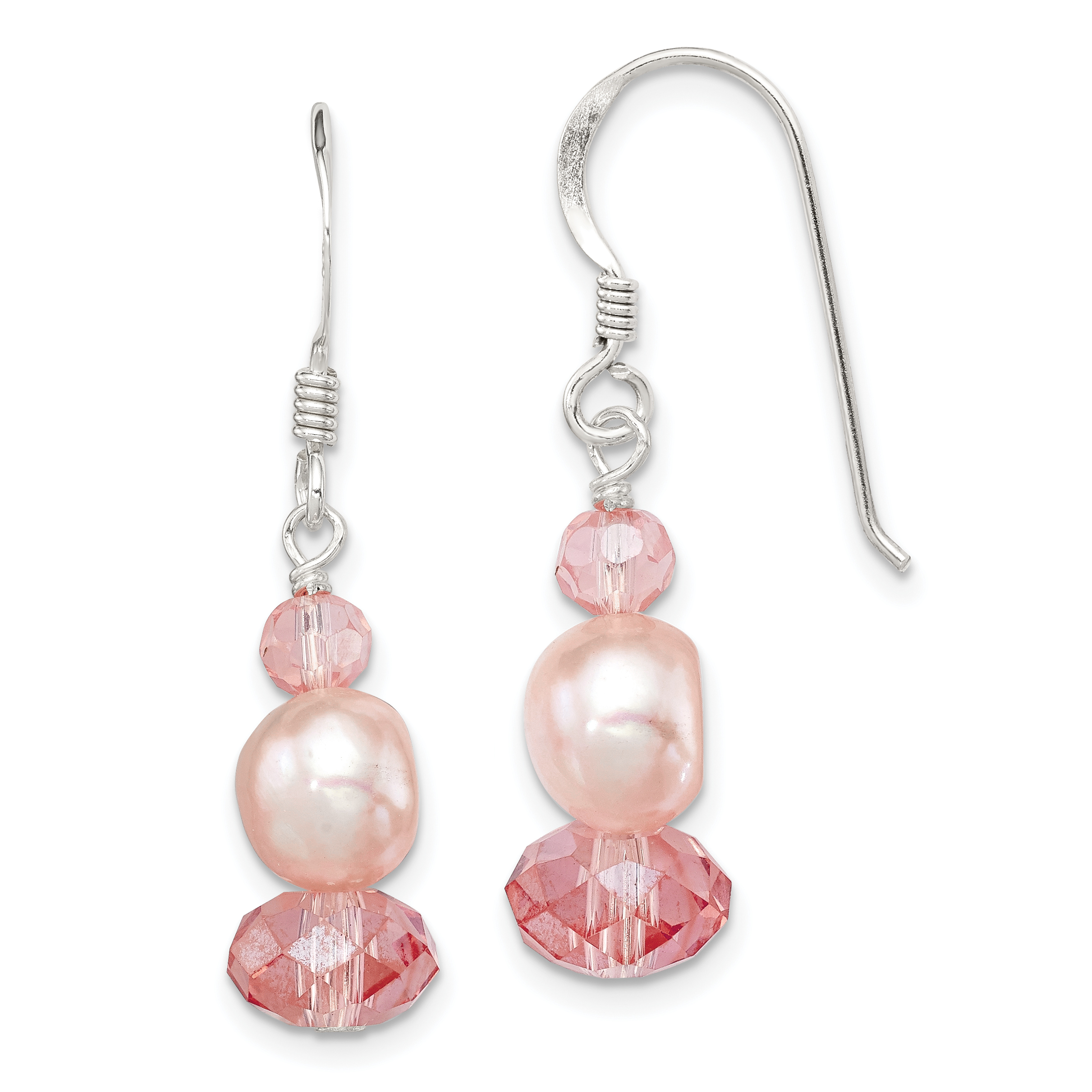 Sterling Silver Polished Peach Crystal & Pink FWC Pearl Dangle Earrings (QE6443)