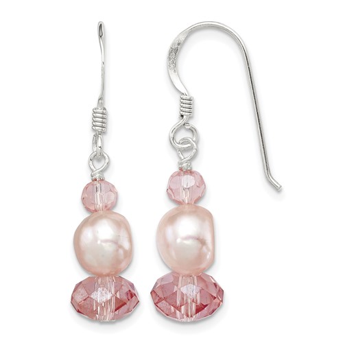 Sterling Silver Polished Peach Crystal & Pink Fwc Pearl Dangle Earrings