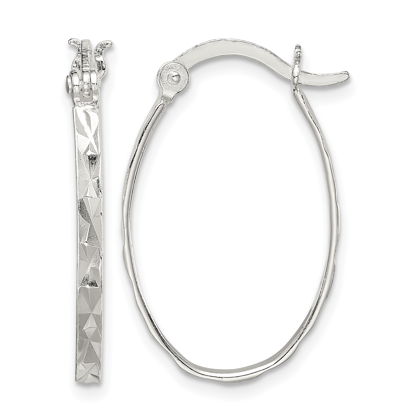 Sterling Silver Rhod-plated Polished/Textured 2mm Oval Hoop Earrings (QE6605)