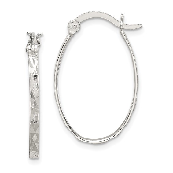 Sterling Silver Rhod-plated Polished/Textured 2mm Oval Hoop Earrings