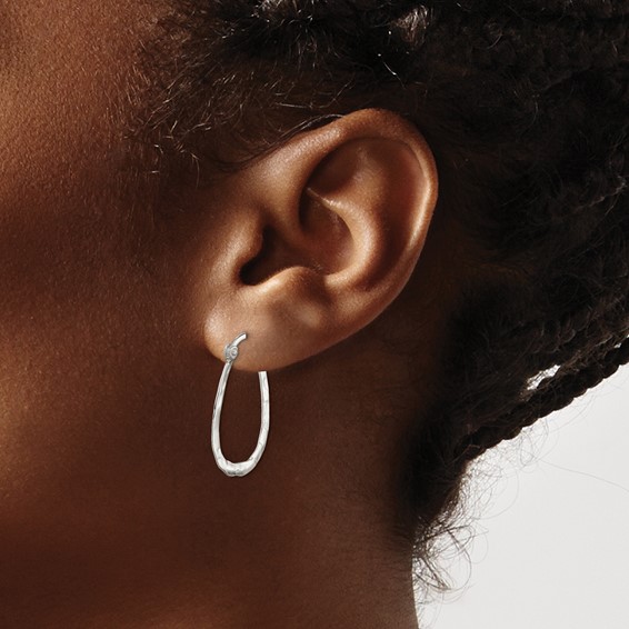 Sterling Silver Polished & Hammered Oval Hoop Earrings