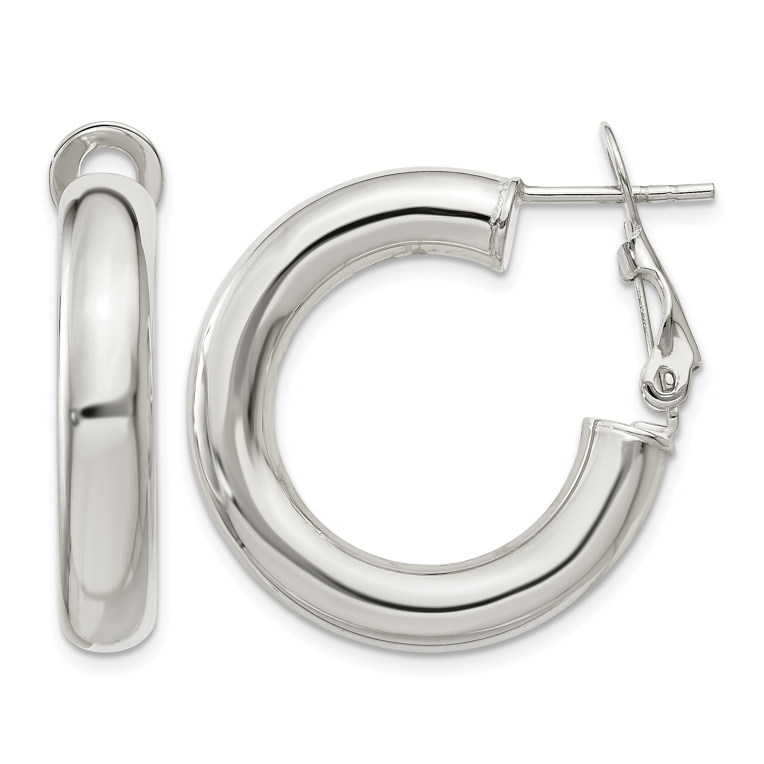 Sterling Silver 5x25mm Omega Back Hoop Earrings (QE6636)