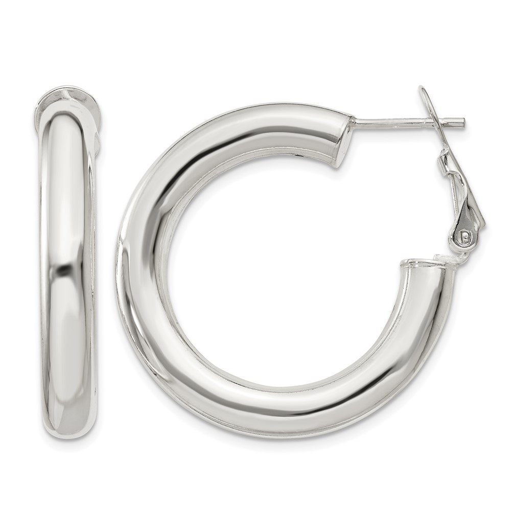 Sterling Silver 5x30mm Omega Back Hoop Earrings (QE6637)