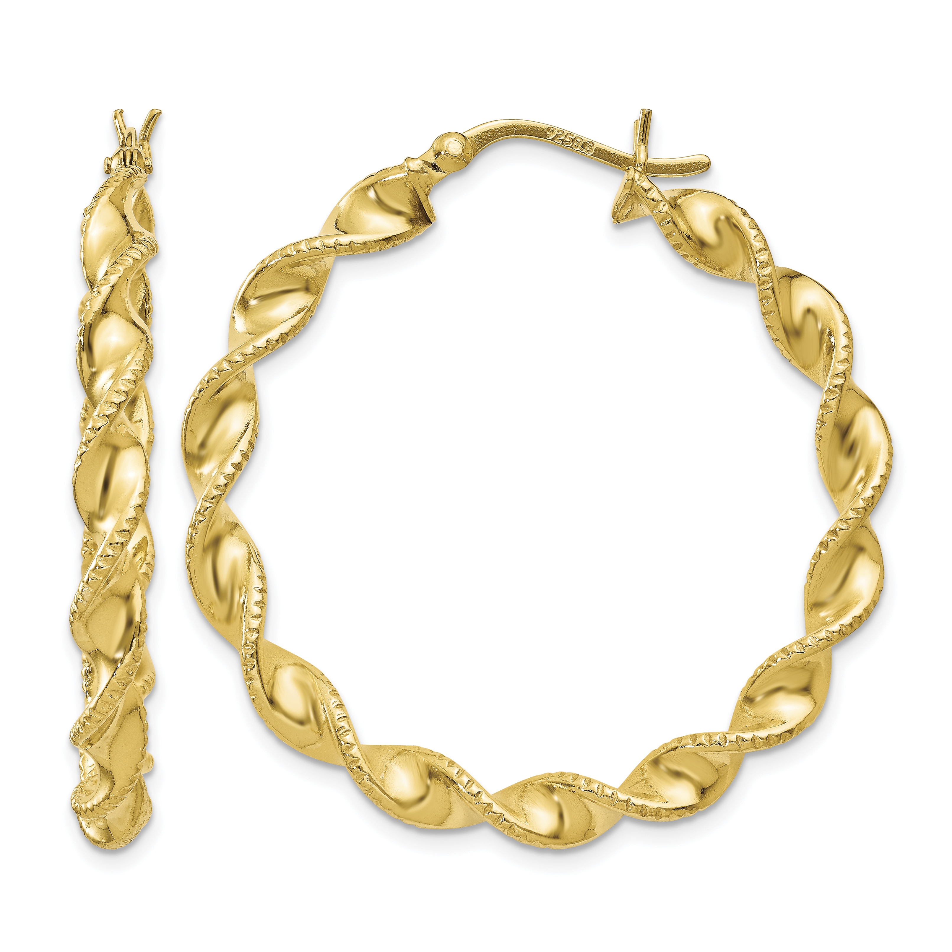 Sterling Silver Gold Flash Plated Patterned Twisted 4x35mm Hoop Earrings (QE6663)