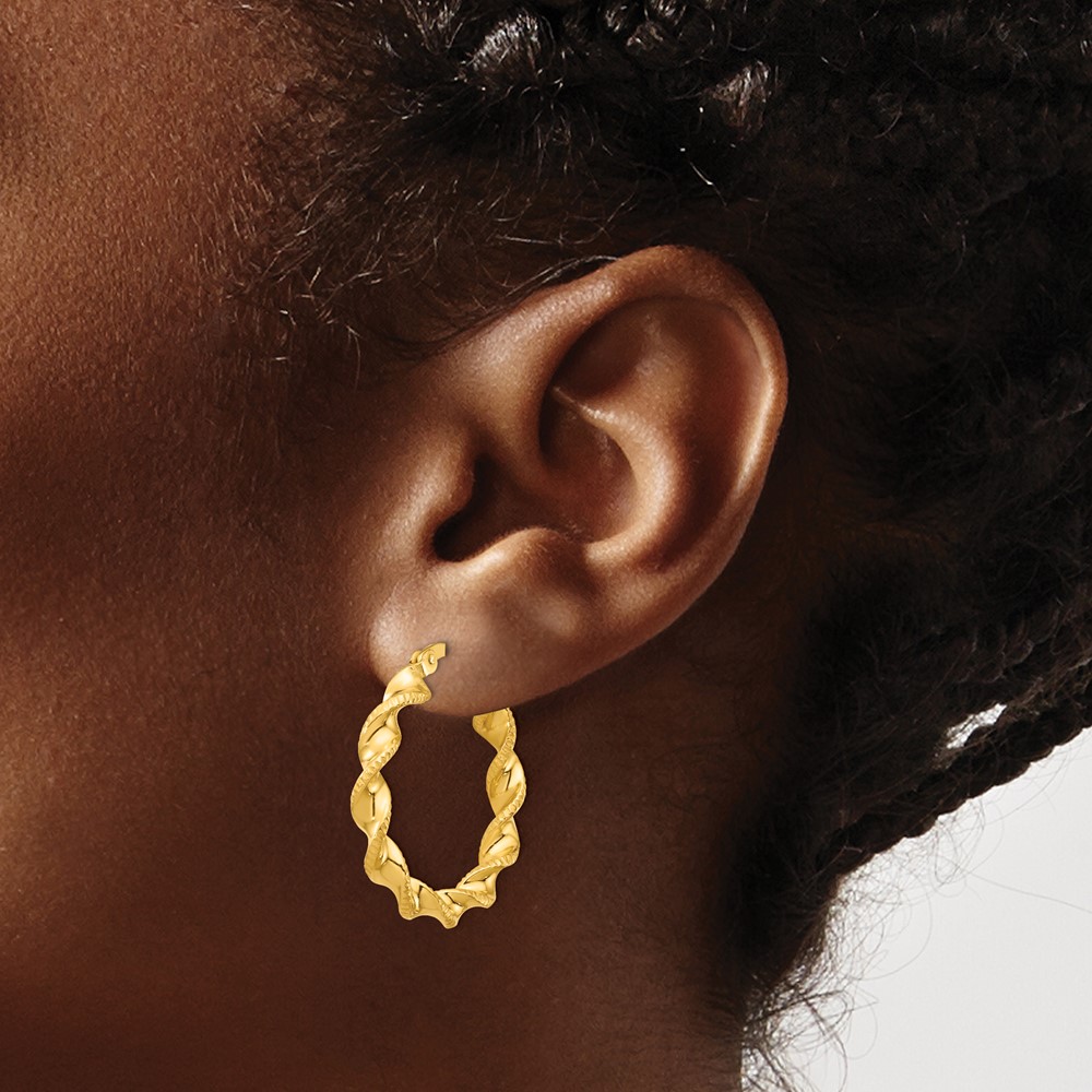Sterling Silver Gold Flash Plated Patterned Twisted 4x25mm Hoop Earrings (QE6664)