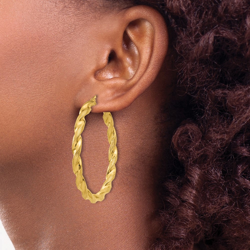 Sterling Silver Gold Flash Plated Patterned Twisted 4x45mm Hoop Earrings (QE6668)