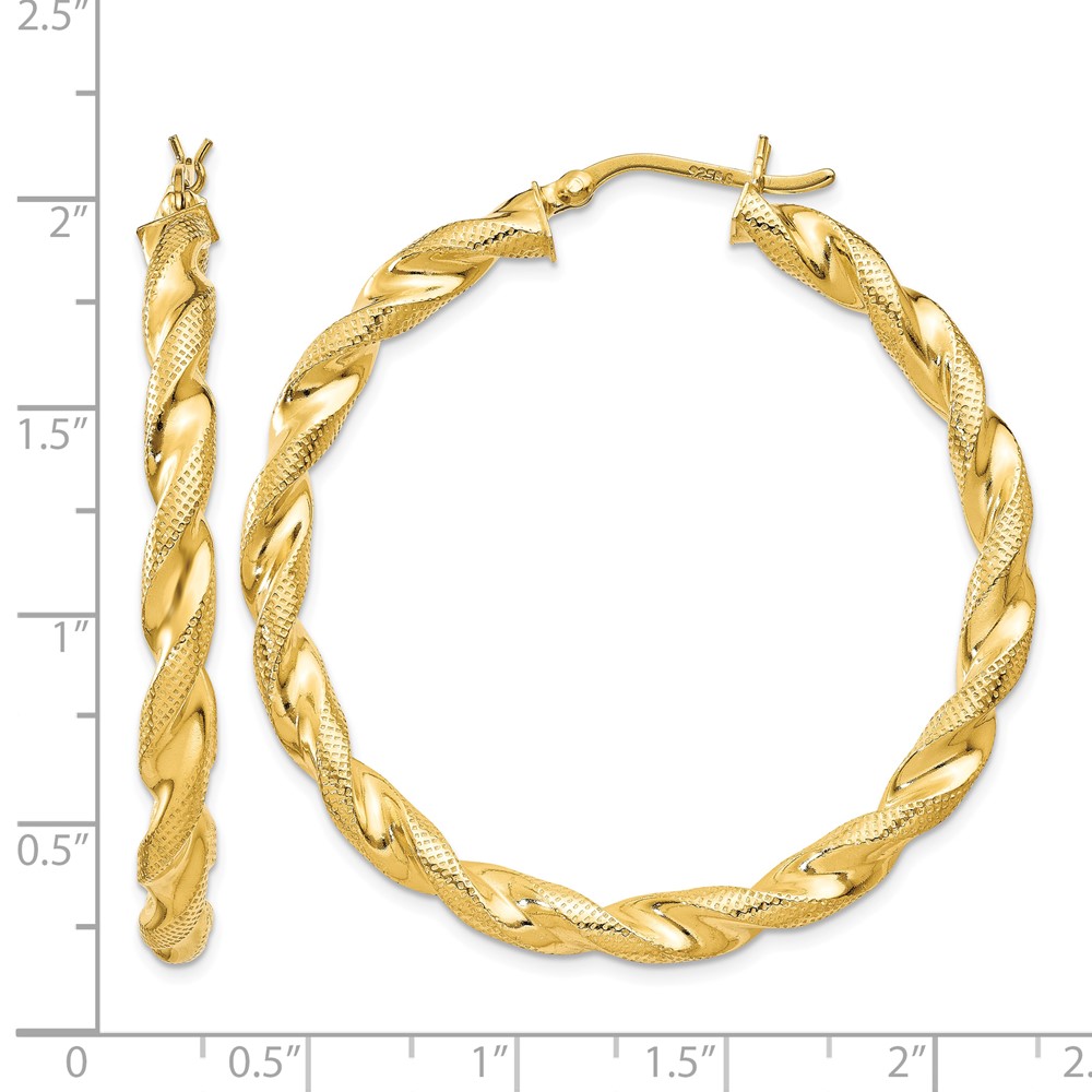 Sterling Silver Gold Flash Plated Patterned Twisted 4x45mm Hoop Earrings (QE6668)