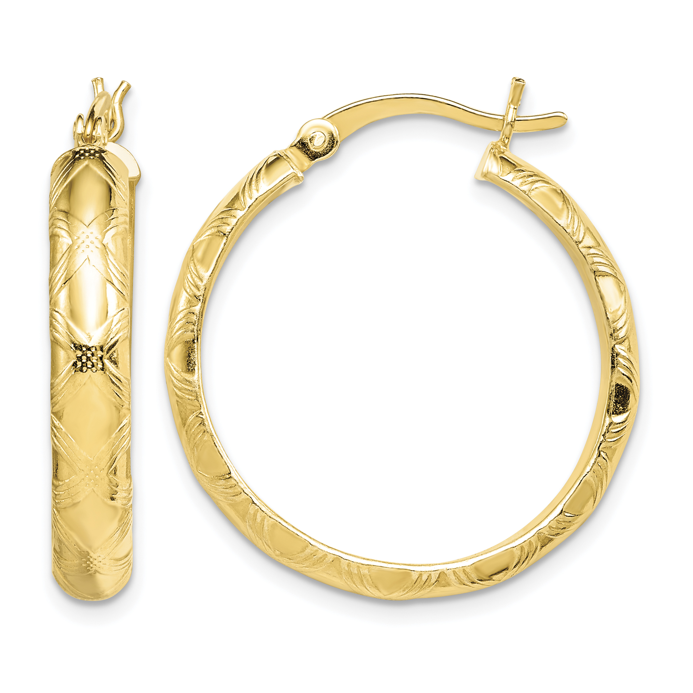 Sterling Silver Gold Flash Plated Patterned 4x25mm Hoop Earrings (QE6690)