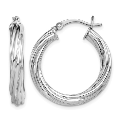 Sterling Silver Rhodium-plated Twisted 4x 25mm Hoop Earrings