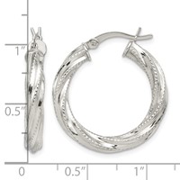 Sterling Silver Rhod-plated Patterned Twisted 4x25mm Hoop Earrings view 4