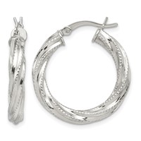 Sterling Silver Rhod-plated Patterned Twisted 4x25mm Hoop Earrings view 1