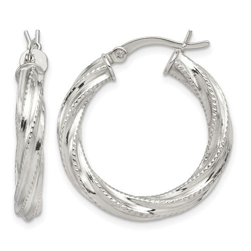 Sterling Silver Rhod-plated Patterned Twisted 4x 25mm Hoop Earrings